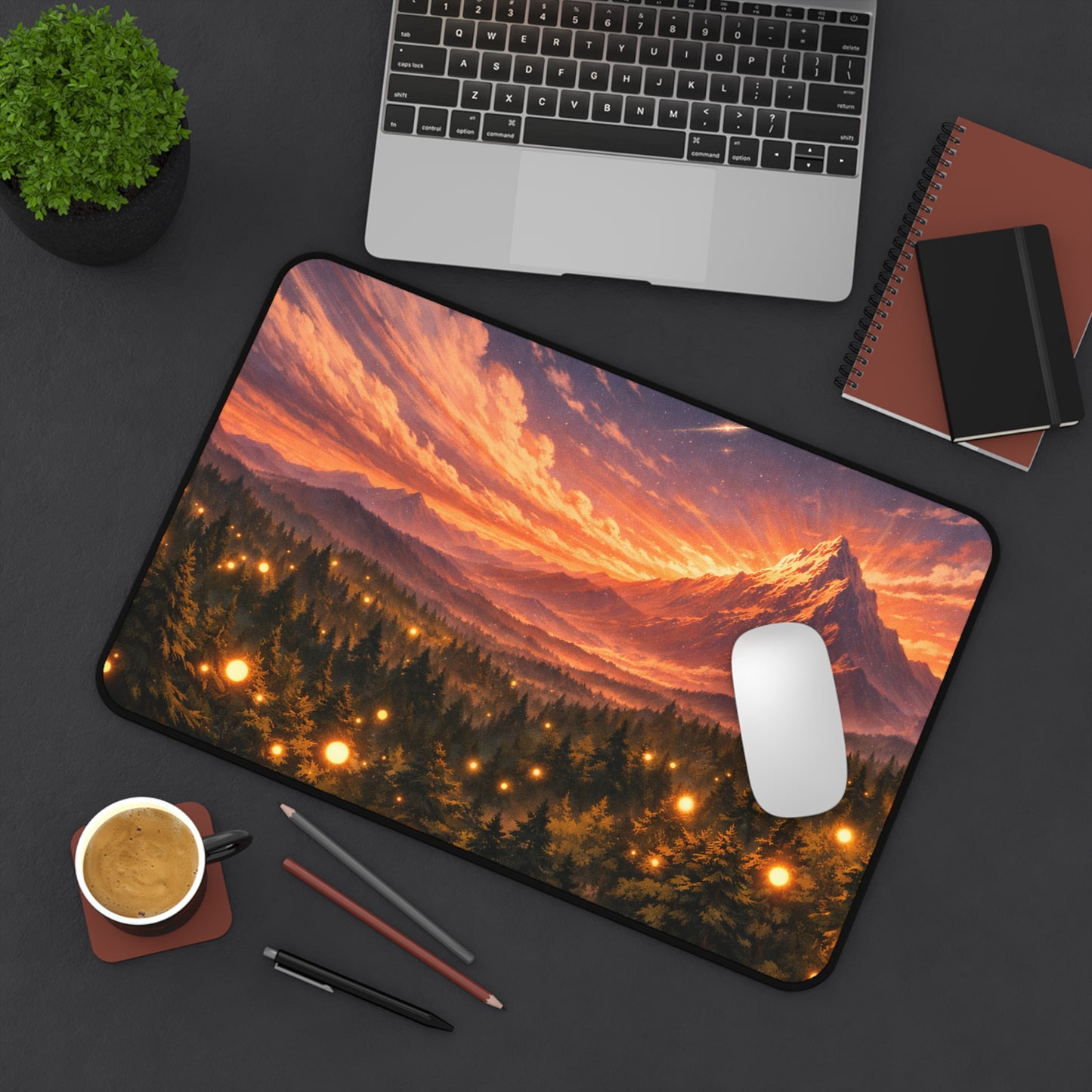 Sunset Mountain Forest Desk Mat — Scenic Mouse Pad with Glowing Firefly Lights