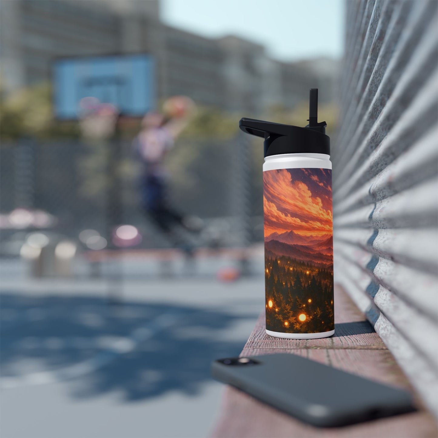 Sunset Lantern Forest Stainless Steel Water Bottle — Mountain Evening Landscape