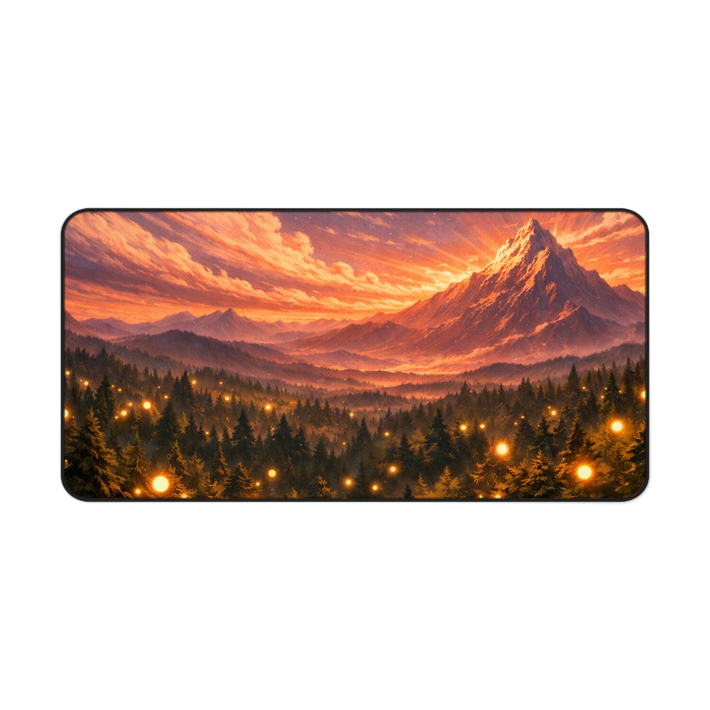 Sunset Mountain Forest Desk Mat — Scenic Mouse Pad with Glowing Firefly Lights