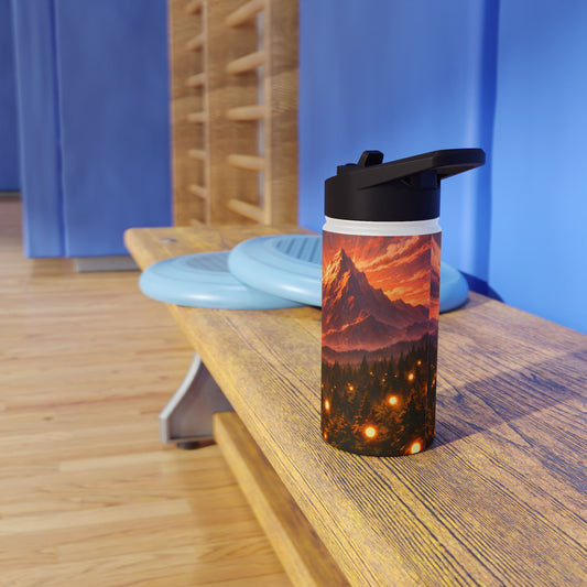 Sunset Lantern Forest Stainless Steel Water Bottle — Mountain Evening Landscape