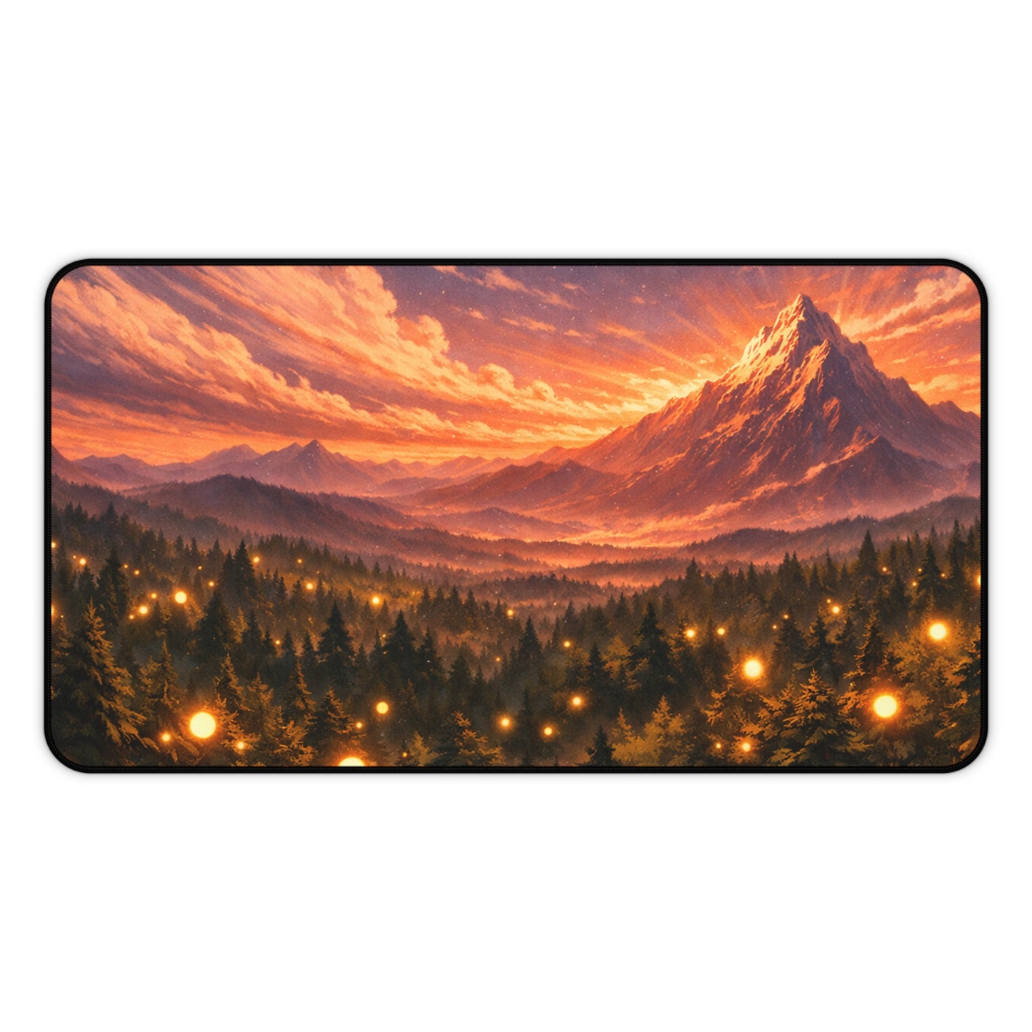 Sunset Mountain Forest Desk Mat — Scenic Mouse Pad with Glowing Firefly Lights