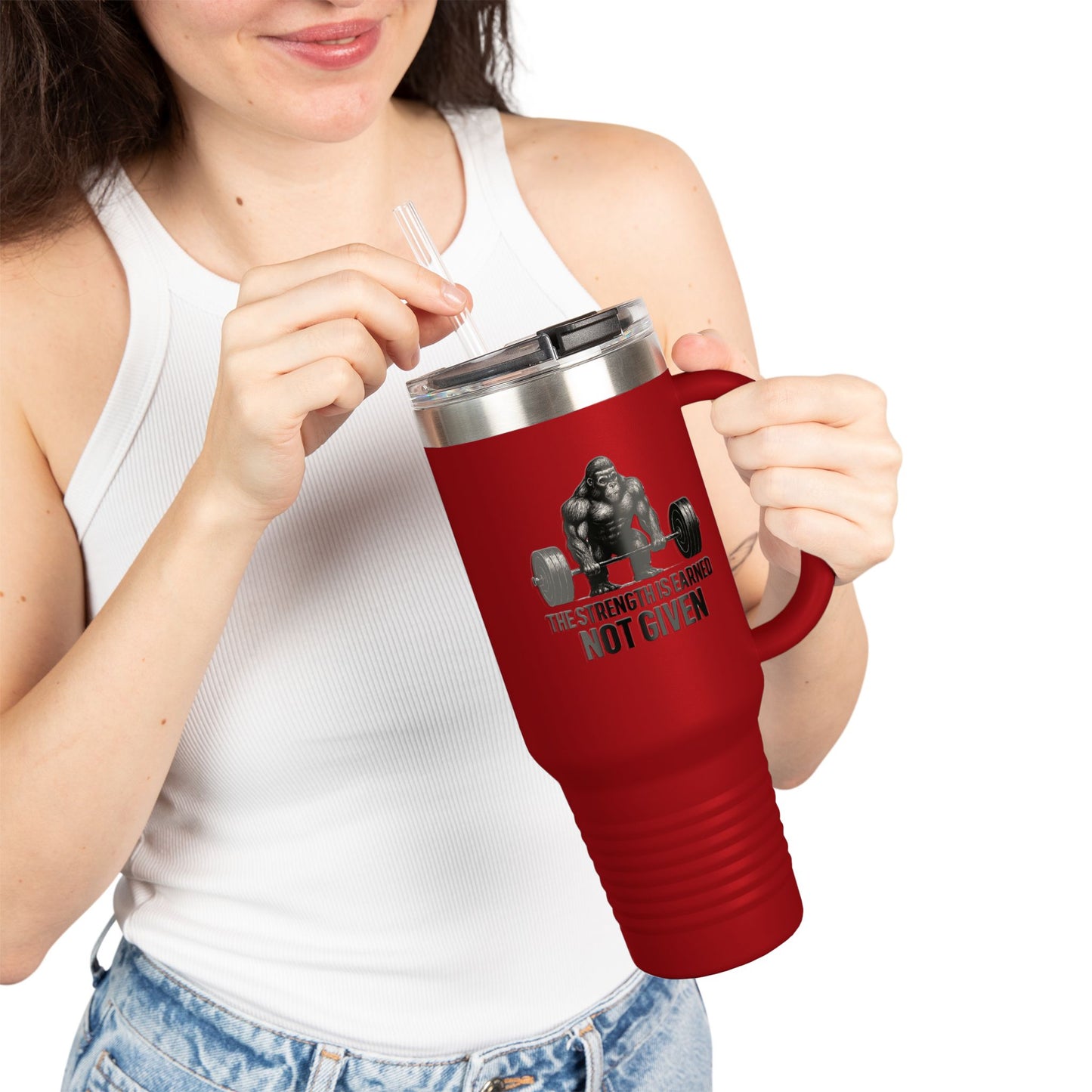 40oz Insulated Travel Mug — "The Strength Is Earned Not Given" Gym Motivation Tumbler
