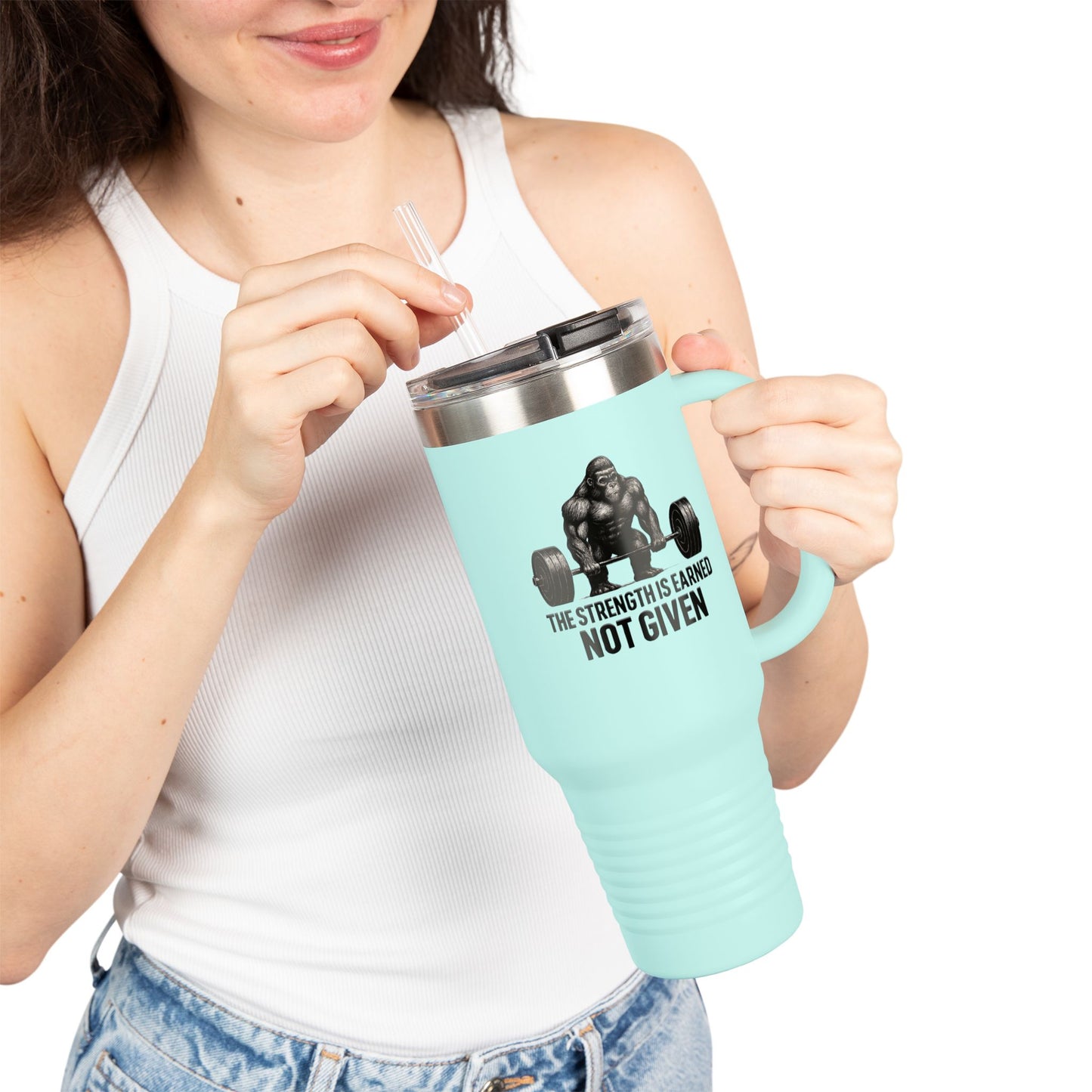 40oz Insulated Travel Mug — "The Strength Is Earned Not Given" Gym Motivation Tumbler