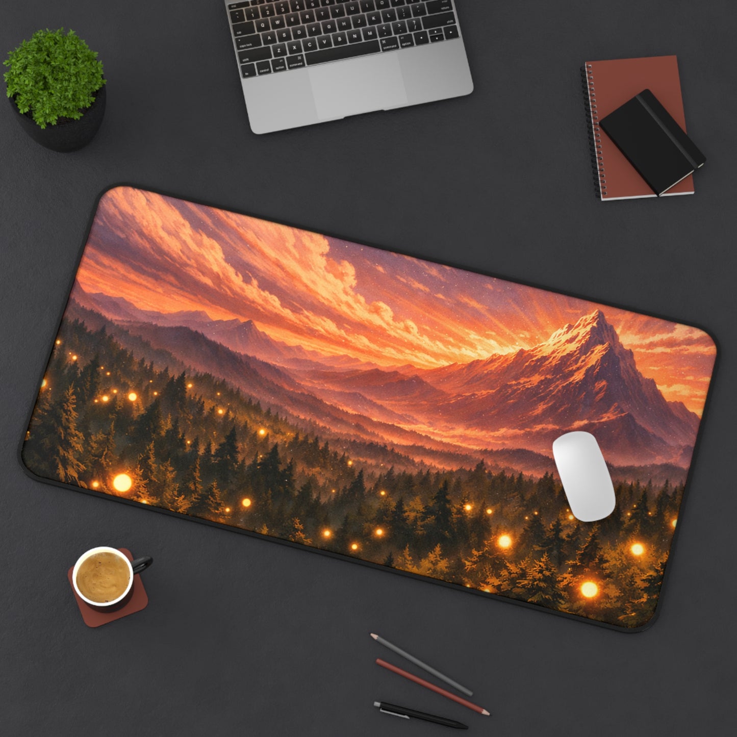 Sunset Mountain Forest Desk Mat — Scenic Mouse Pad with Glowing Firefly Lights