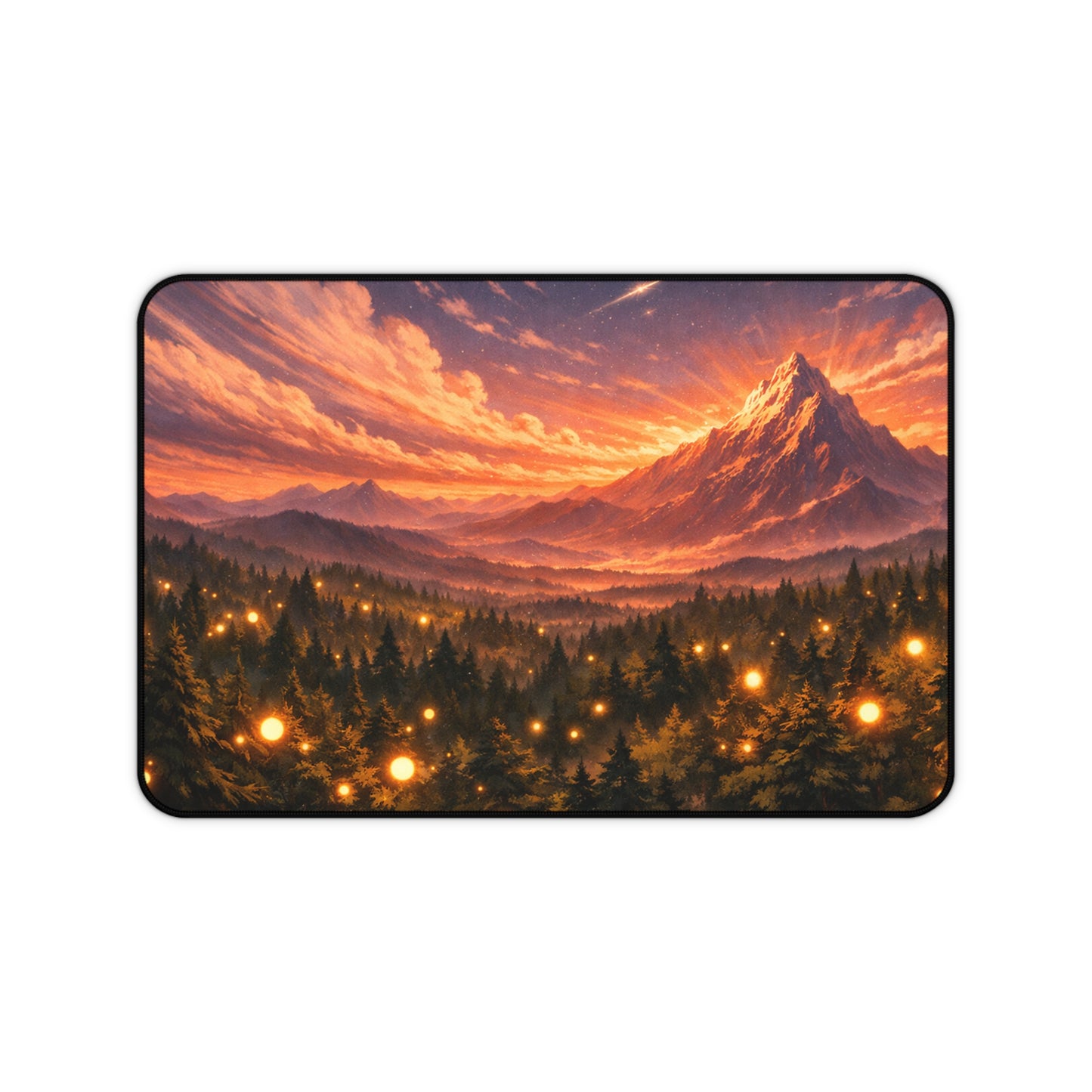 Sunset Mountain Forest Desk Mat — Scenic Mouse Pad with Glowing Firefly Lights