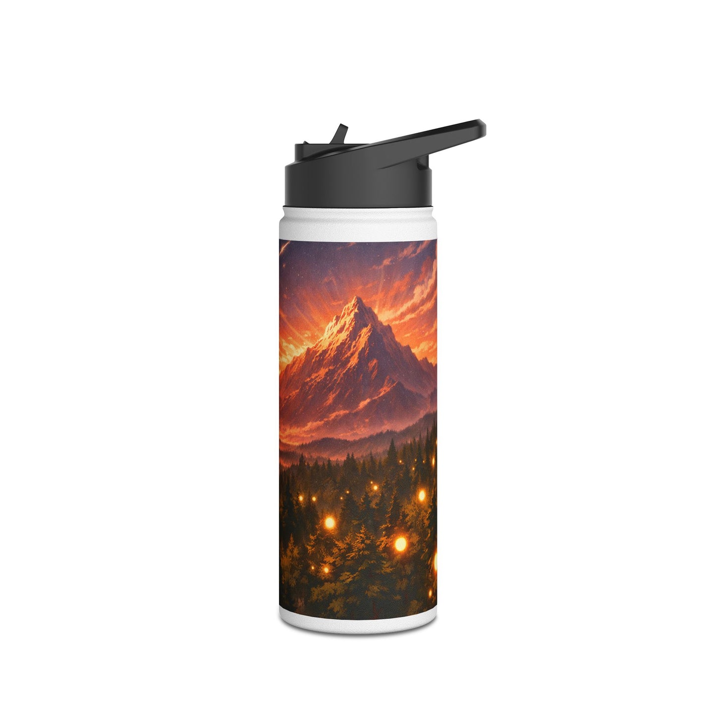 Sunset Lantern Forest Stainless Steel Water Bottle — Mountain Evening Landscape