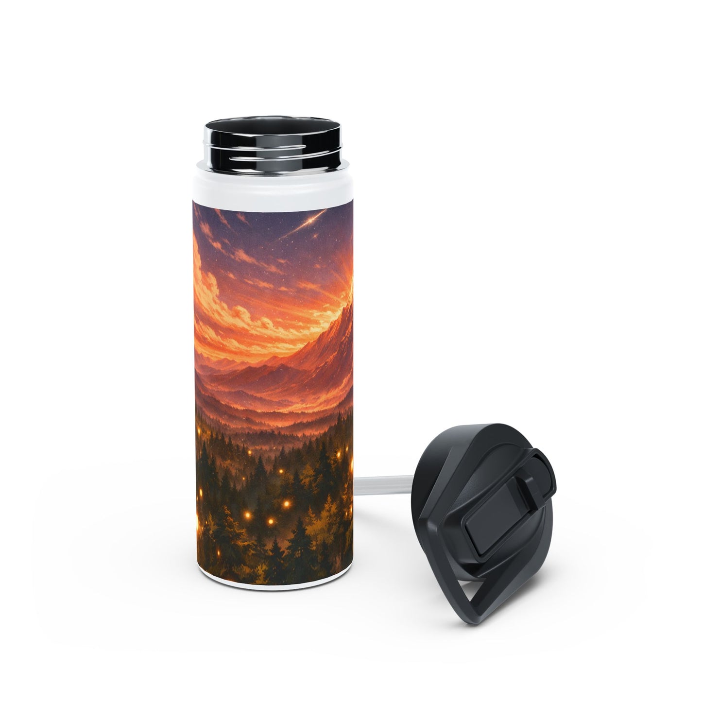Sunset Lantern Forest Stainless Steel Water Bottle — Mountain Evening Landscape