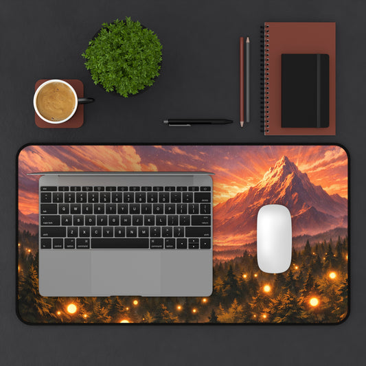 Sunset Mountain Forest Desk Mat — Scenic Mouse Pad with Glowing Firefly Lights
