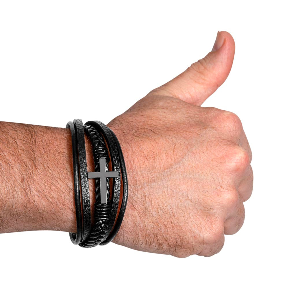 To My Son – Gift From Parent – Braided Leather Cross Bracelet – "Wherever Your Journey Leads"