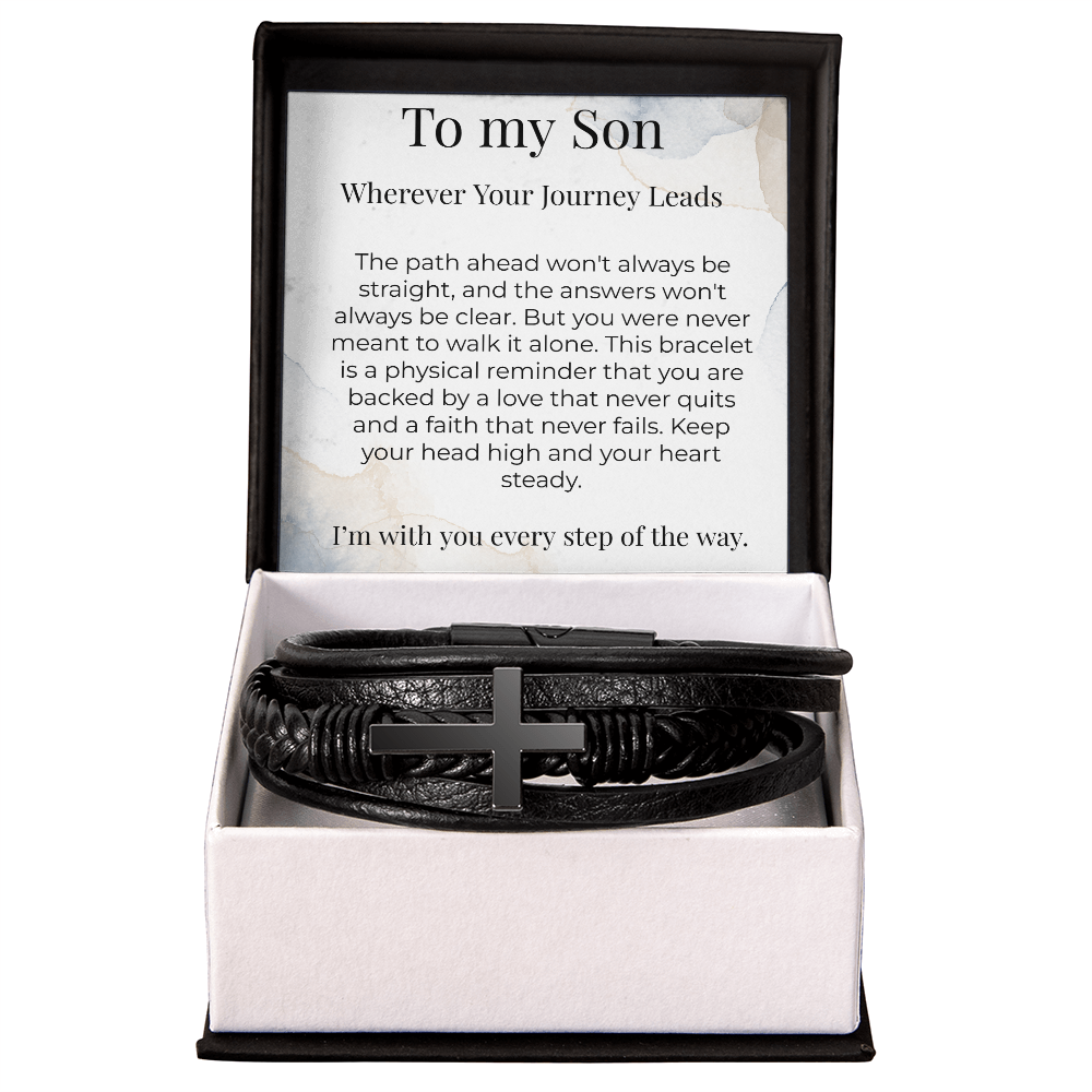 To My Son – Gift From Parent – Braided Leather Cross Bracelet – "Wherever Your Journey Leads"