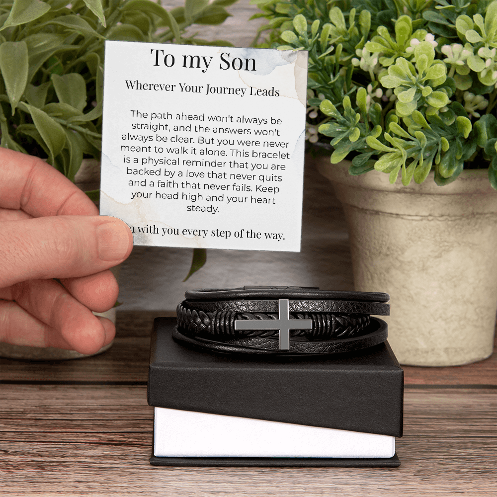 To My Son – Gift From Parent – Braided Leather Cross Bracelet – "Wherever Your Journey Leads"