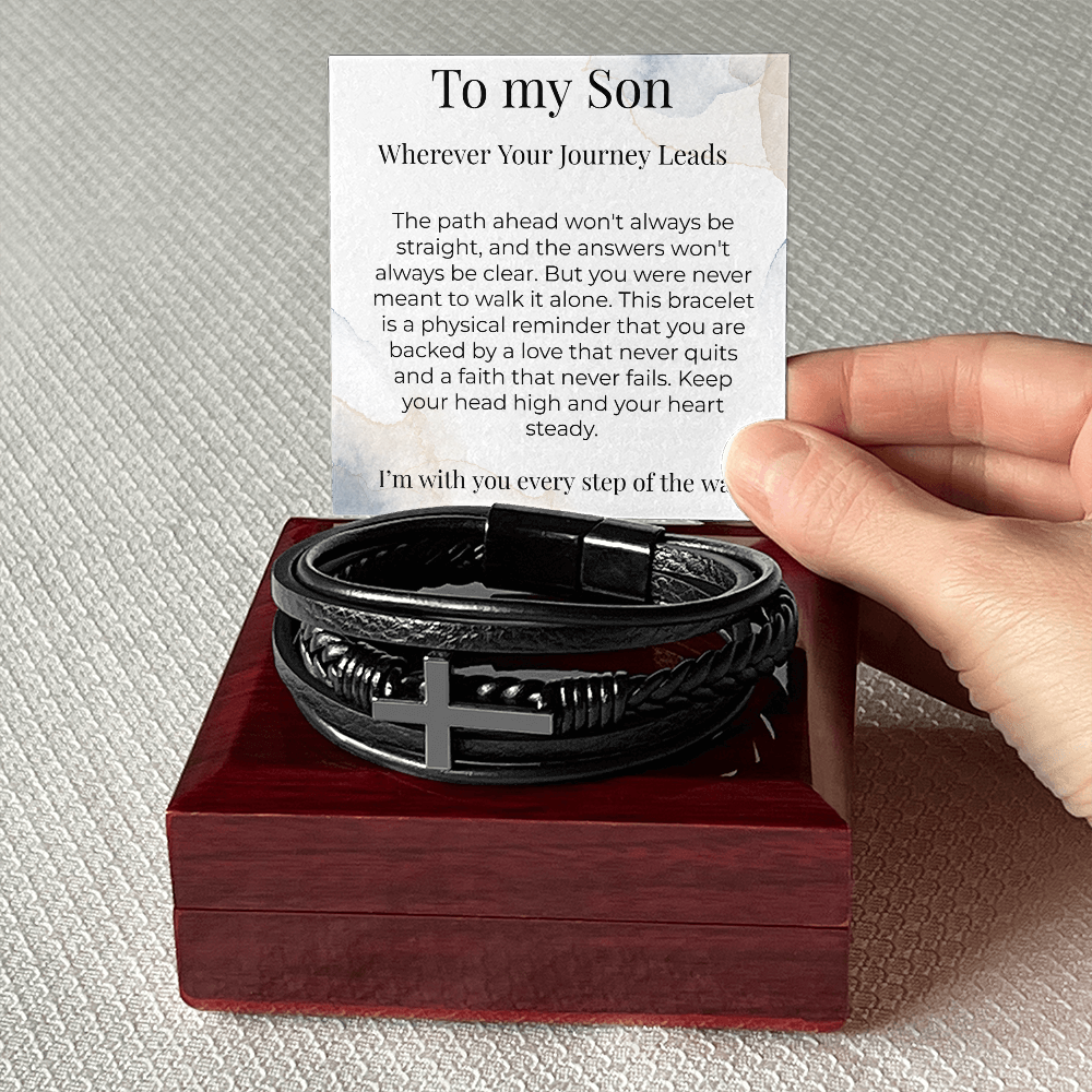 To My Son – Gift From Parent – Braided Leather Cross Bracelet – "Wherever Your Journey Leads"