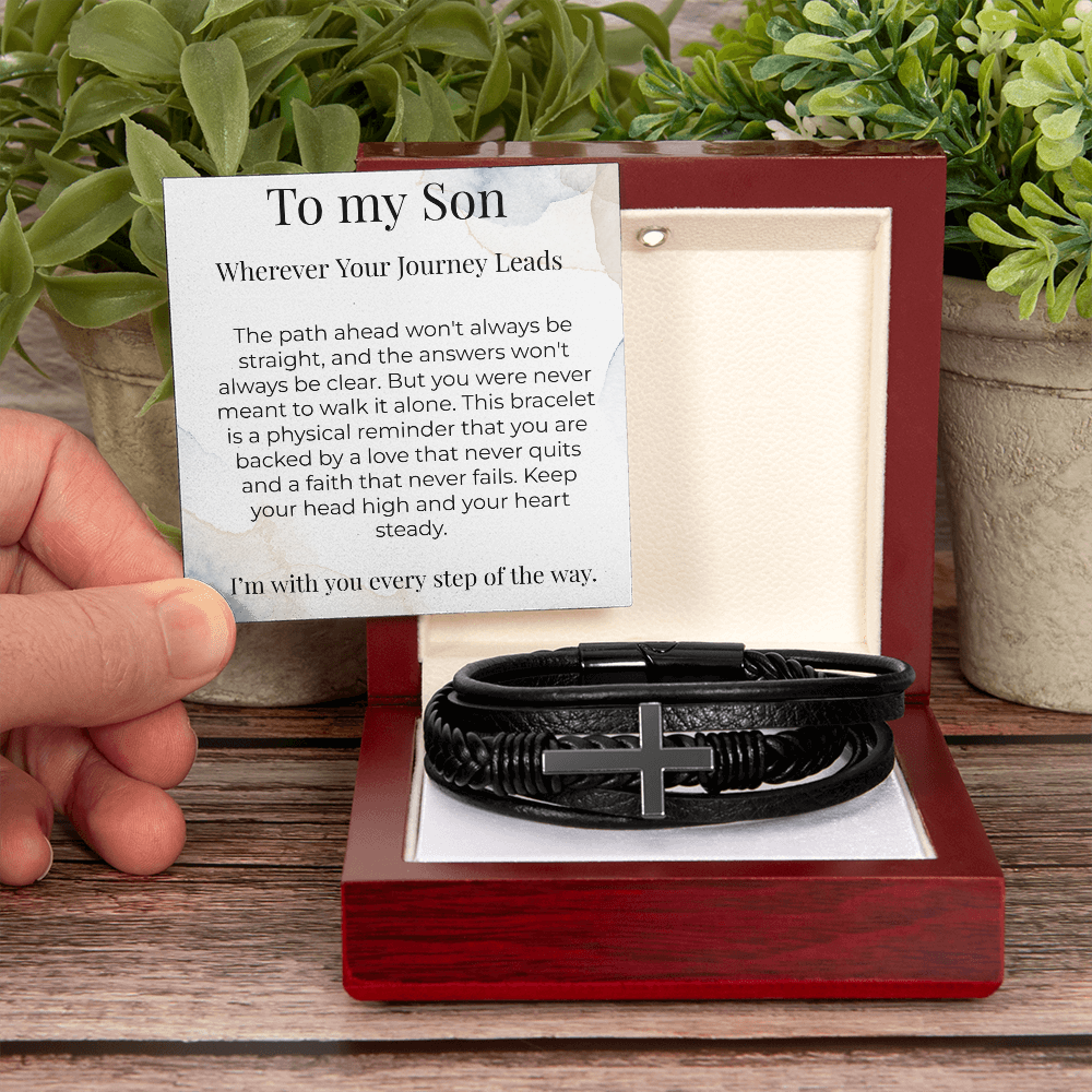 To My Son – Gift From Parent – Braided Leather Cross Bracelet – "Wherever Your Journey Leads"