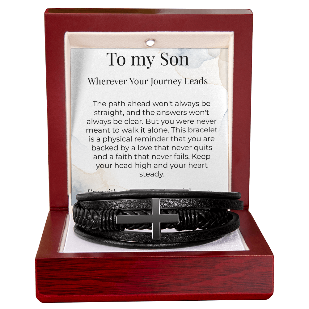 To My Son – Gift From Parent – Braided Leather Cross Bracelet – "Wherever Your Journey Leads"