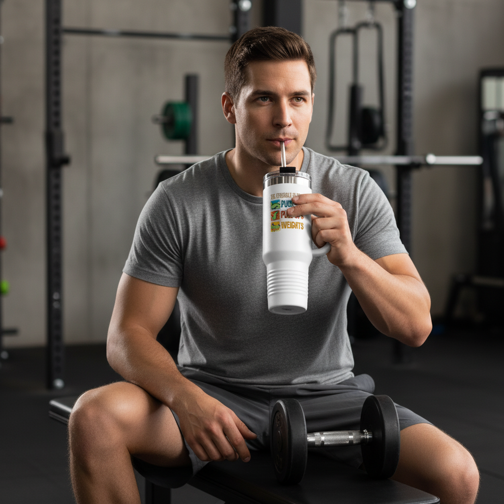 40oz Insulated Travel Mug — "The Struggle Is Real: Push Ups, Pull Ups, Weights" Fitness Tumbler