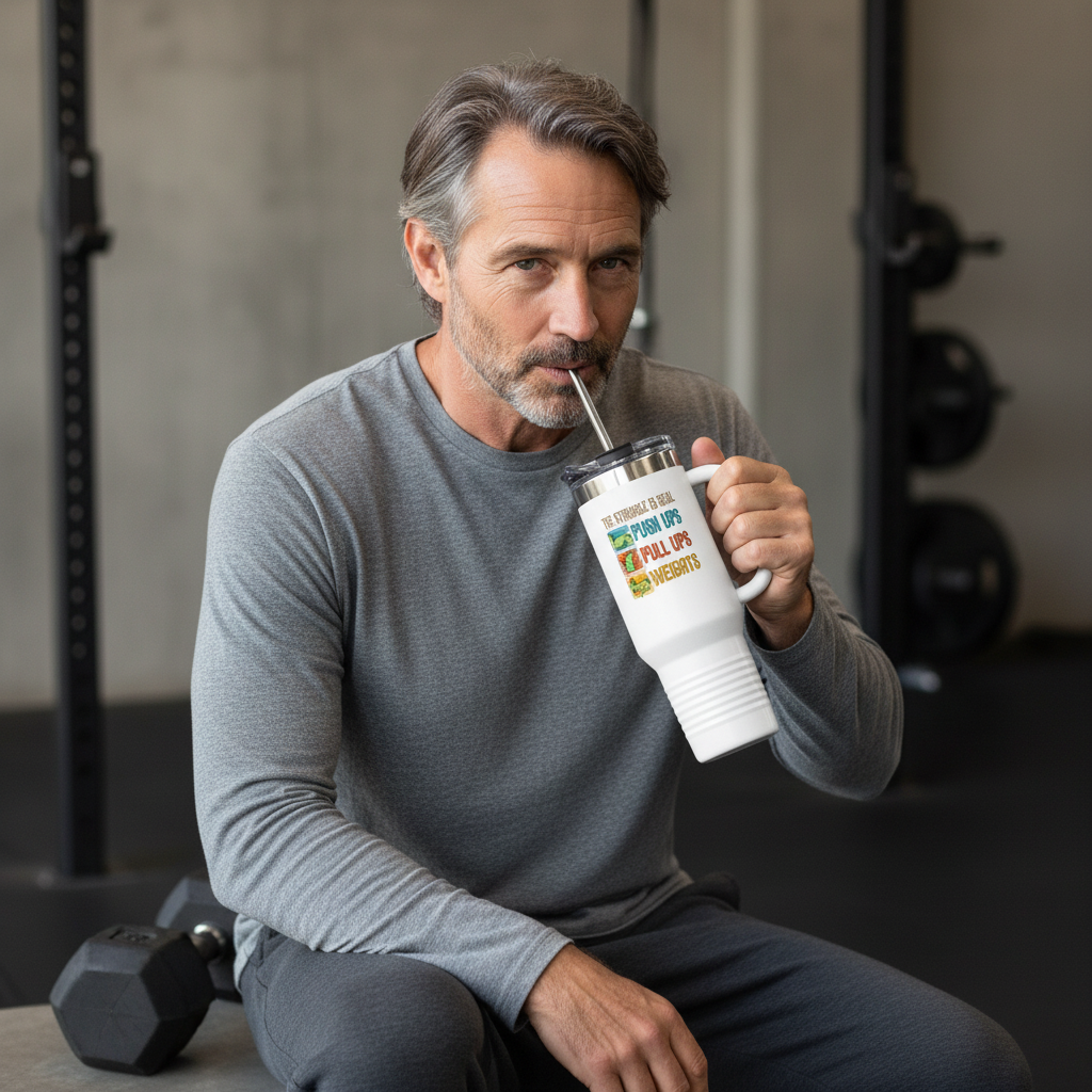 40oz Insulated Travel Mug — "The Struggle Is Real: Push Ups, Pull Ups, Weights" Fitness Tumbler