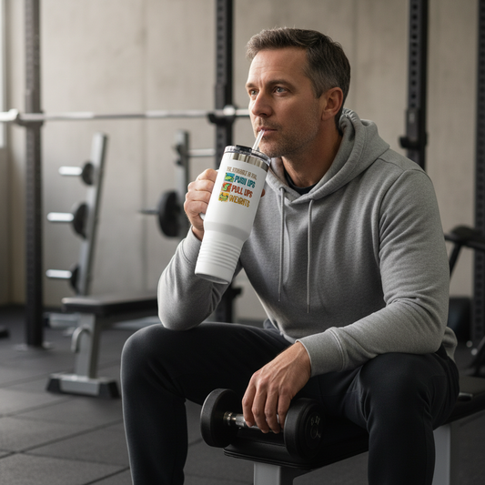 40oz Insulated Travel Mug — "The Struggle Is Real: Push Ups, Pull Ups, Weights" Fitness Tumbler